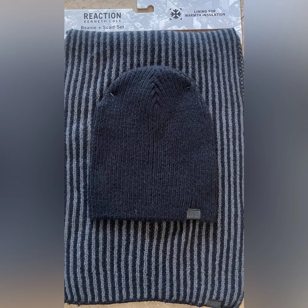 Kenneth Cole Reaction Men's Beanie and Scarf 2 pc Set Black / Gray NWT